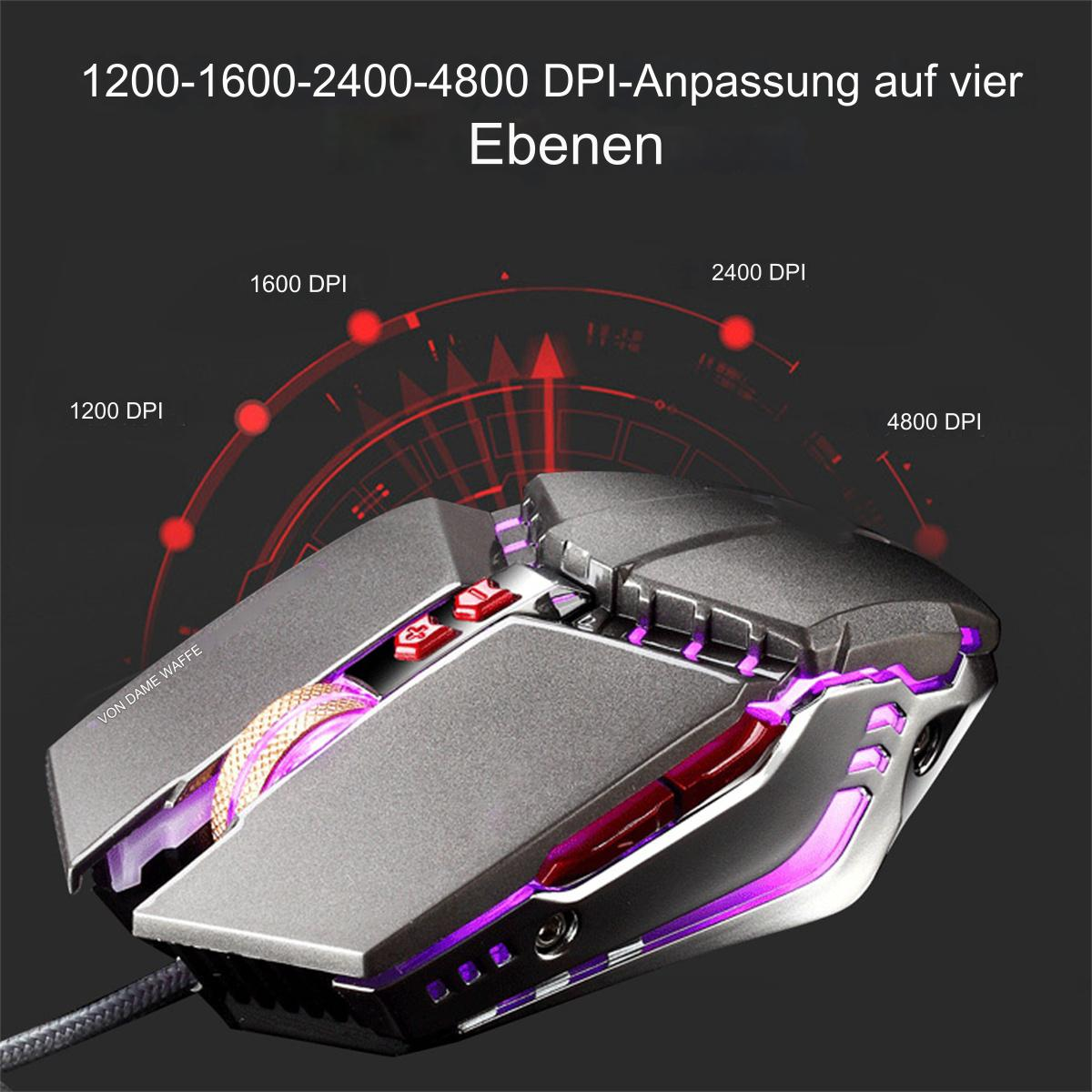 Gaming-Maus mit roten Tasten und lila Lichtern. Mehrere DPI-Einstellungen werden angezeigt.