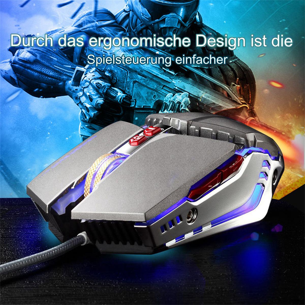Gaming-Maus mit blauen Lichtern und Text auf Deutsch.