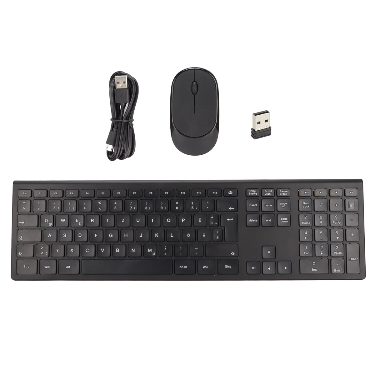Schwarze kabellose Tastatur, Maus, USB-Empfänger und Ladekabel, alles schwarz.