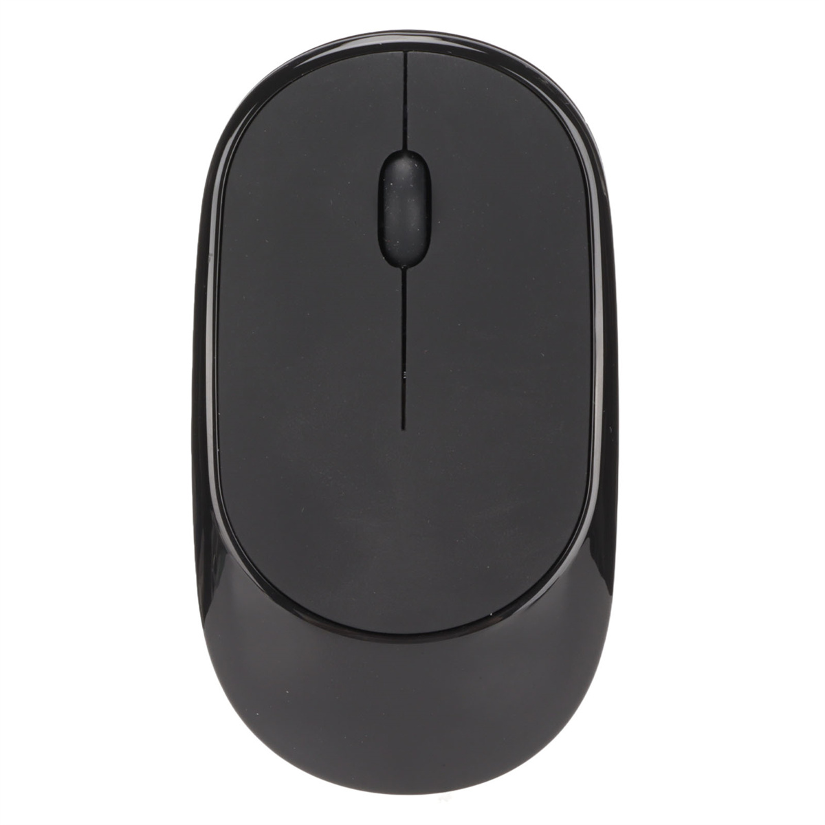 Eine schwarze, kabellose Computermaus. Draufsicht auf das Gerät.