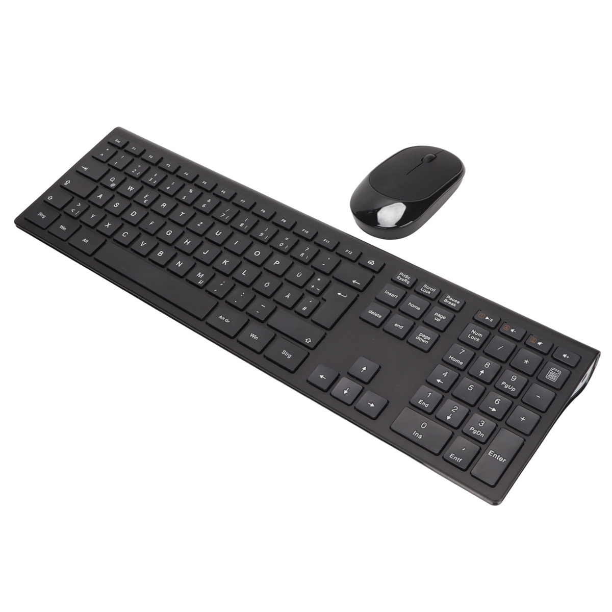 Eine schwarze Tastatur mit einer Maus. Die Tastatur hat einen Ziffernblock. Die Maus ist oval geformt.