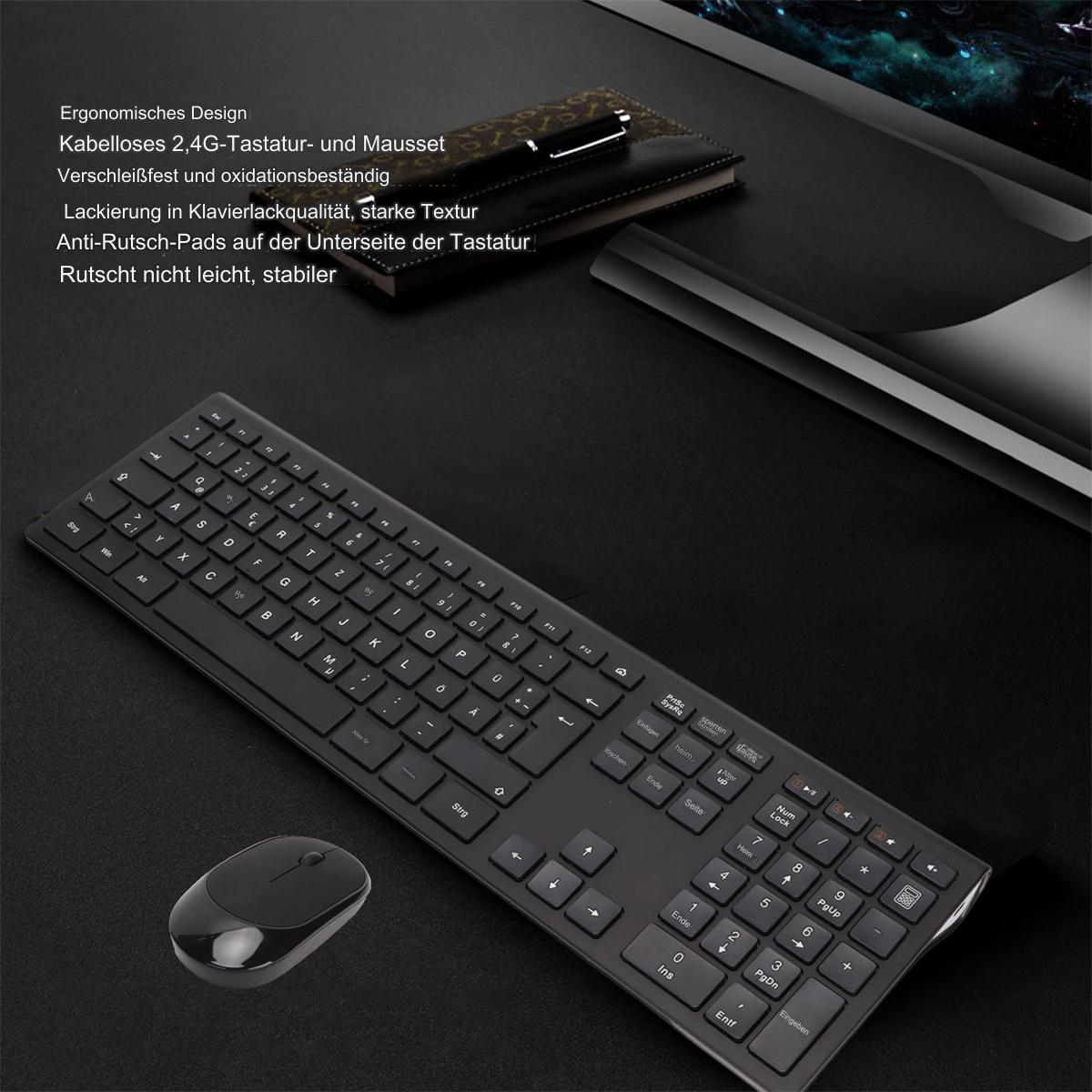 Ein schwarzes Tastatur- und Maus-Set auf dunkler Oberfläche. Text auf Deutsch beschreibt Funktionen.