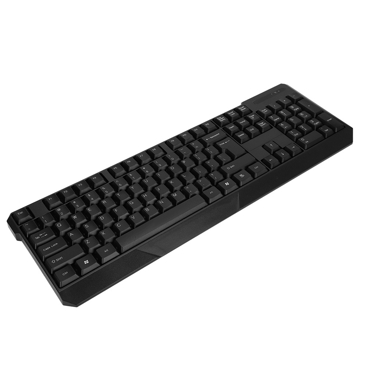 Schwarze Computertastatur mit Tasten, von oben betrachtet, auf einer hellen Oberfläche. Kein sichtbares Logo.