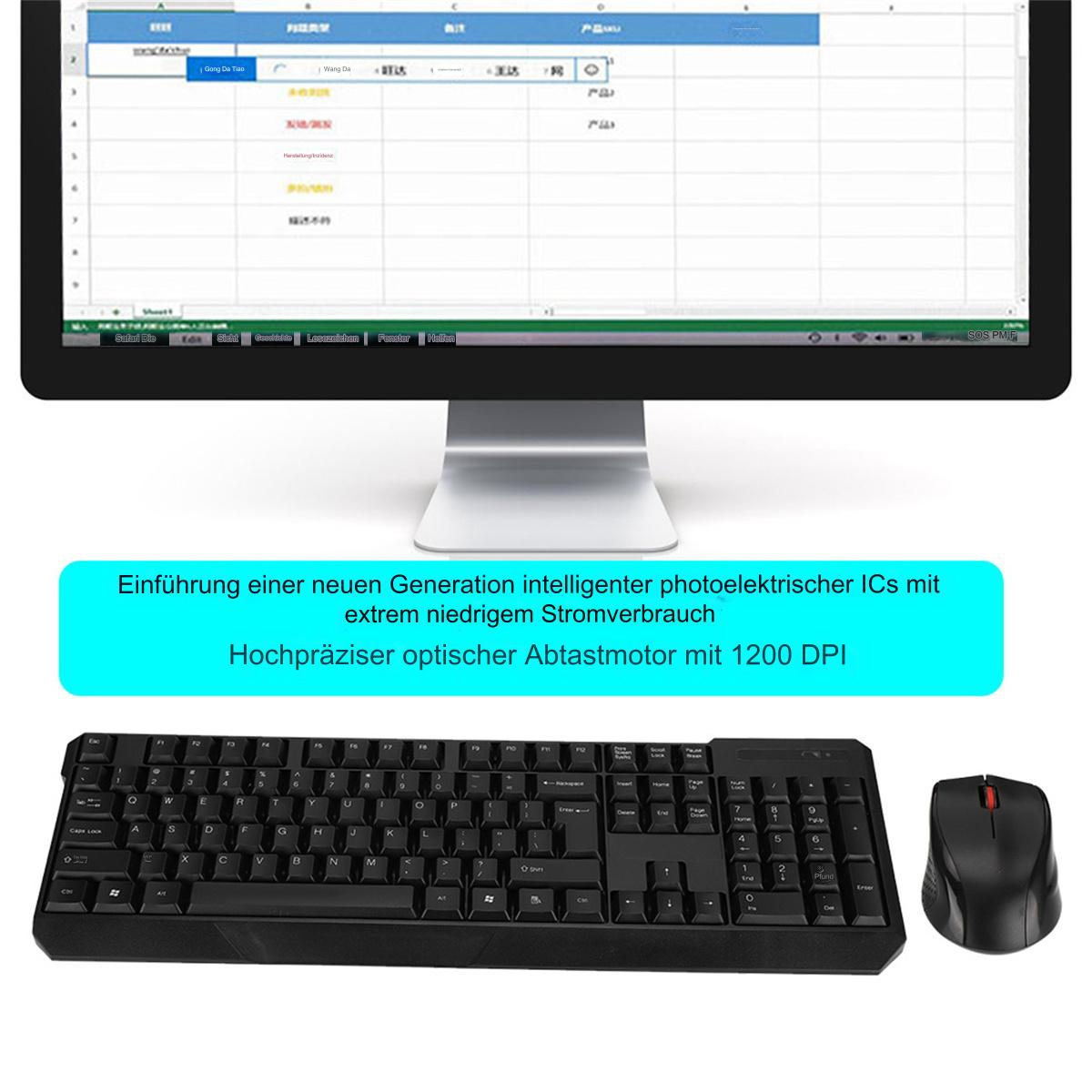 Eine schwarze Tastatur, Maus und ein Monitor mit einer Tabelle. Text auf Deutsch ist auf dem Bildschirm vorhanden.