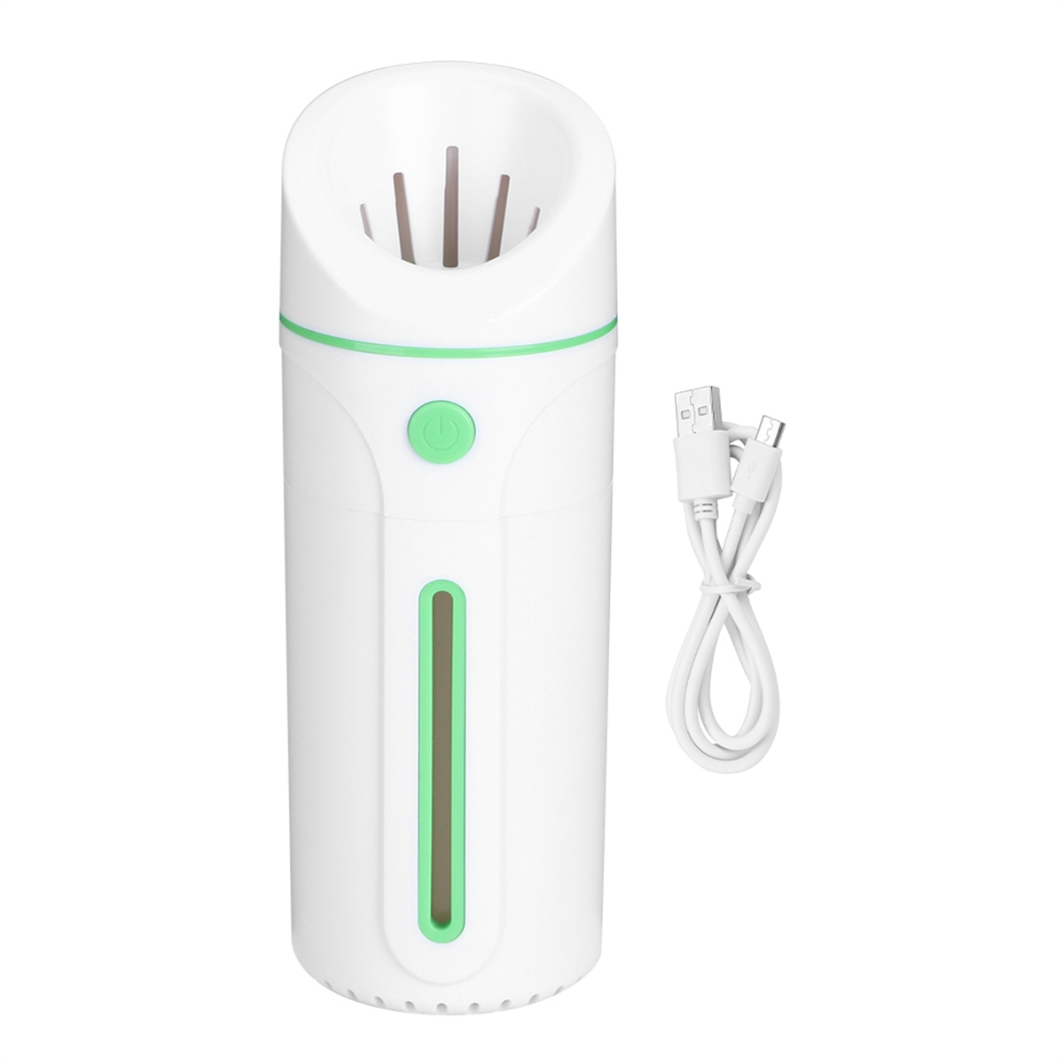 Weißer Luftbefeuchter mit grünen Akzenten und einem USB-Kabel. Er hat einen grünen Power-Knopf.