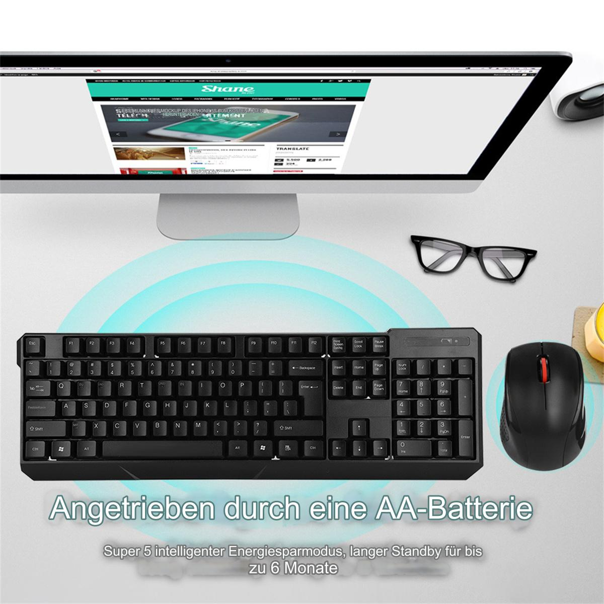 Tastatur, Maus, Brille und Computermonitor. Text auf Deutsch: Angetrieben von AA-Batterien.