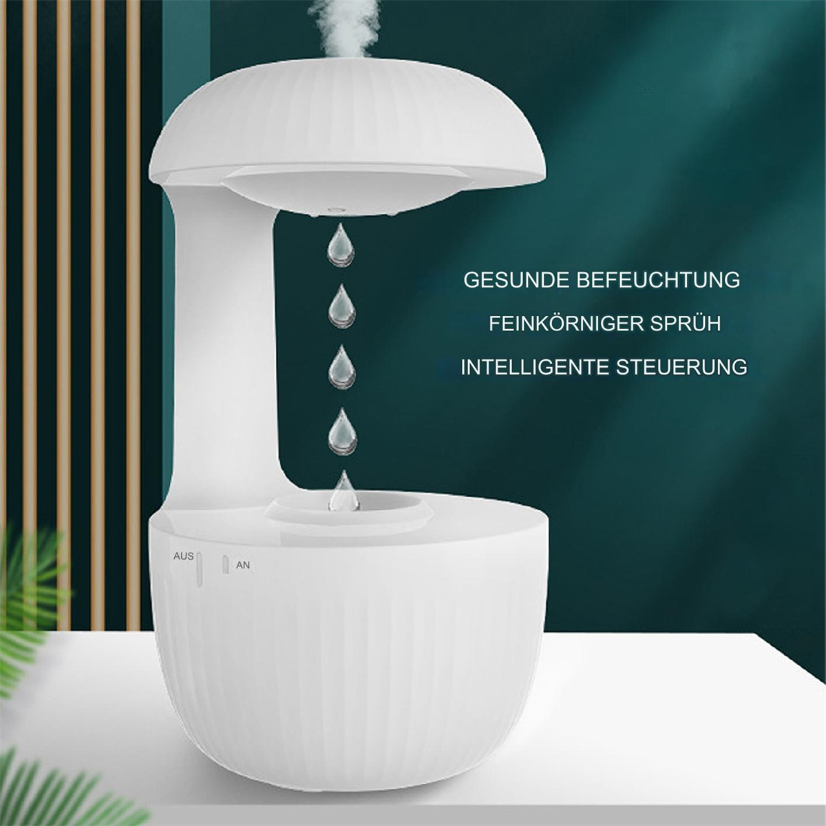 Weißer Luftbefeuchter mit Wassertropfen und Text. Das Produkt befindet sich auf einer Oberfläche.