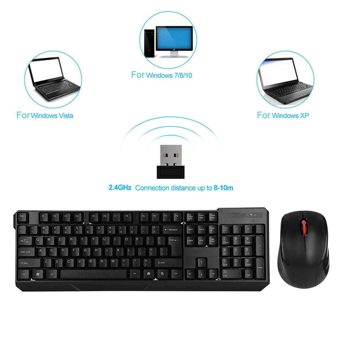 Eine kabellose Tastatur und Maus werden angezeigt. Grafiken von Computern sind darüber. Weißer Hintergrund.