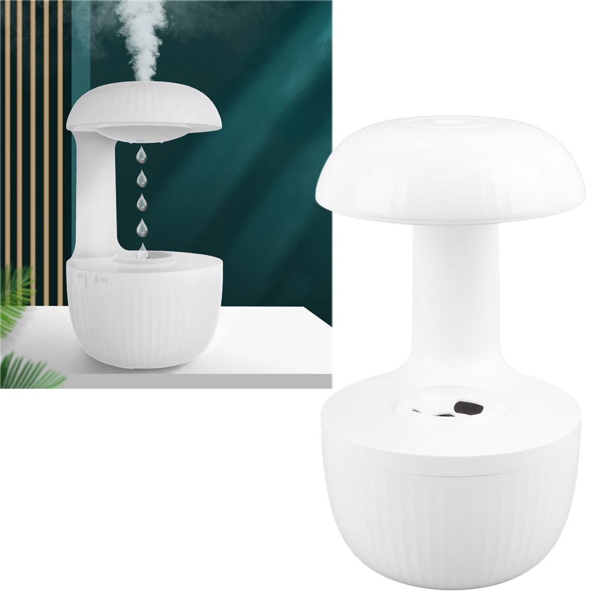 Zweiteiliger weißer Luftbefeuchter. Der obere Teil hat eine pilzkappenförmige Form mit Wassertropfen.