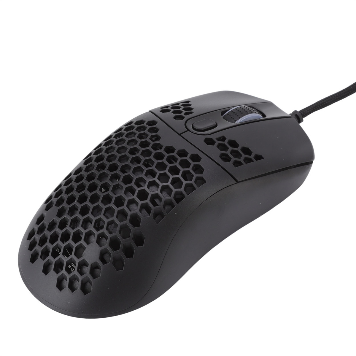 Eine schwarze Gaming-Maus mit Wabenmuster und einem Scrollrad, auf weißer Oberfläche.