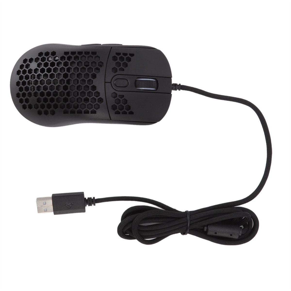 Schwarze Gaming-Maus mit Wabenmuster und USB-Kabel.