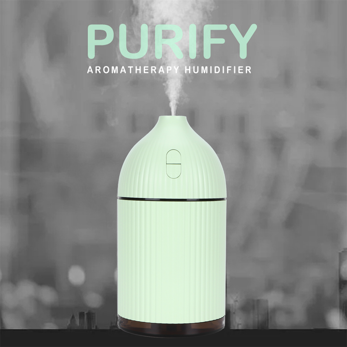 Grüner Aromatherapie-Luftbefeuchter mit geschwungenem Design. Bild vor grauem Farbverlauf.