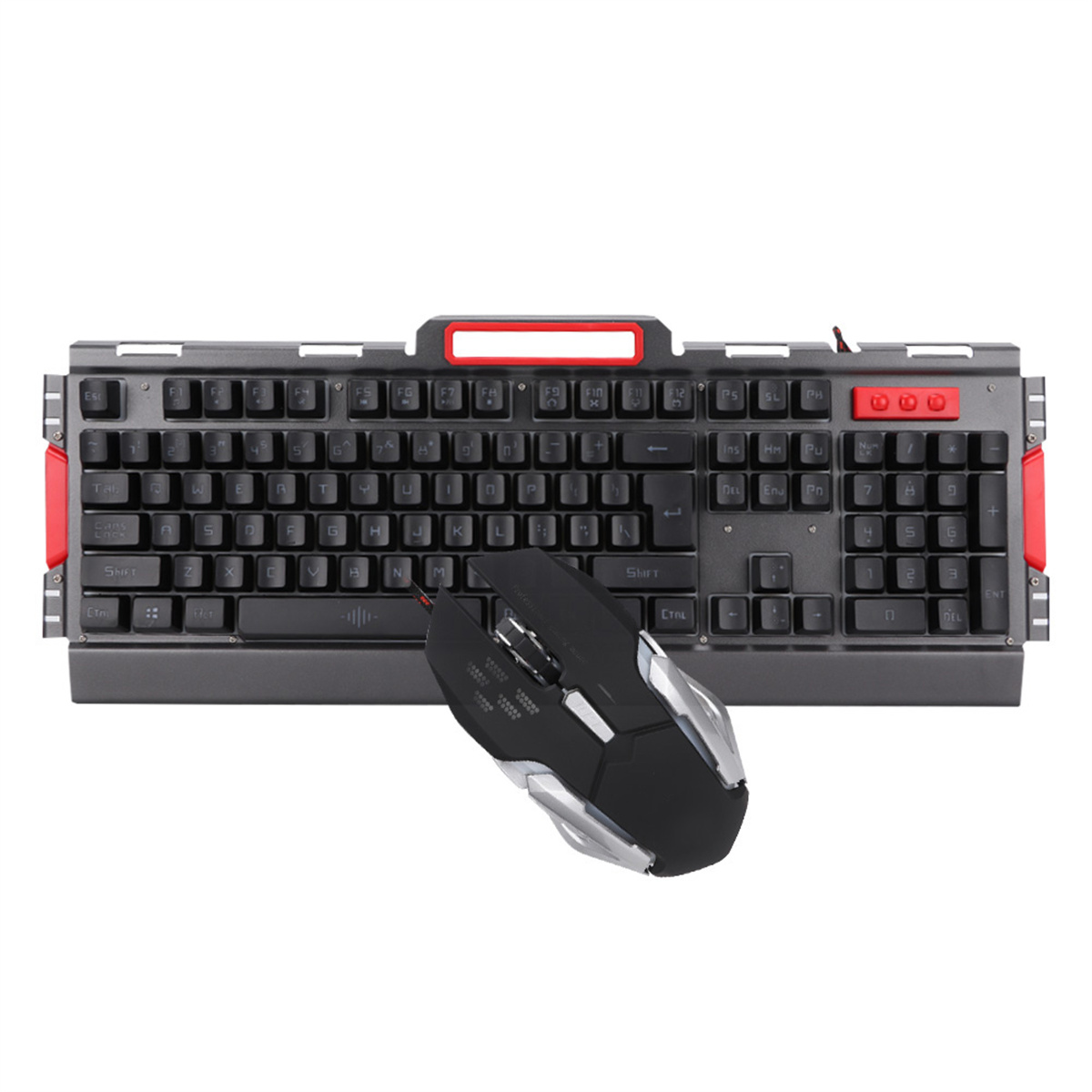 Eine graue und schwarze Tastatur mit einer schwarz-roten Gaming-Maus. Beide auf weißer Oberfläche.