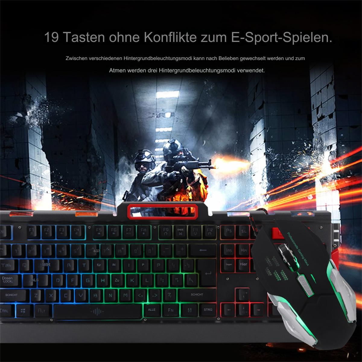 Gaming-Tastatur und Maus-Set mit farbenfroher Beleuchtung, vor verschwommenem Hintergrund.