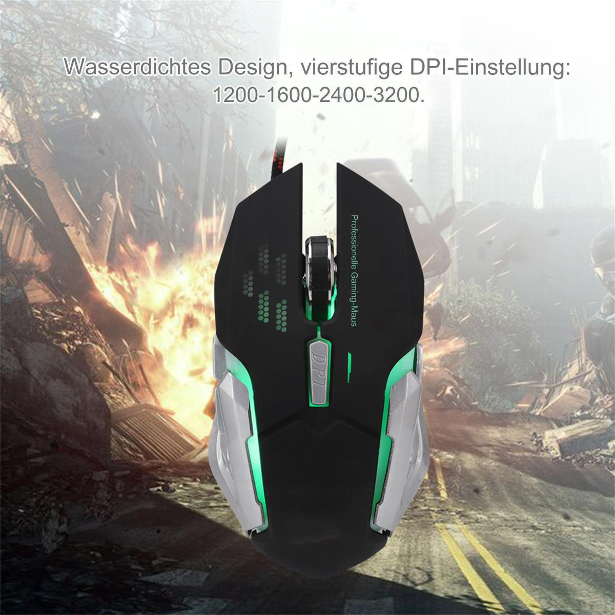 Gaming-Maus mit schwarzen und grünen Akzenten, auf verschwommenem Schlachtfeldhintergrund.