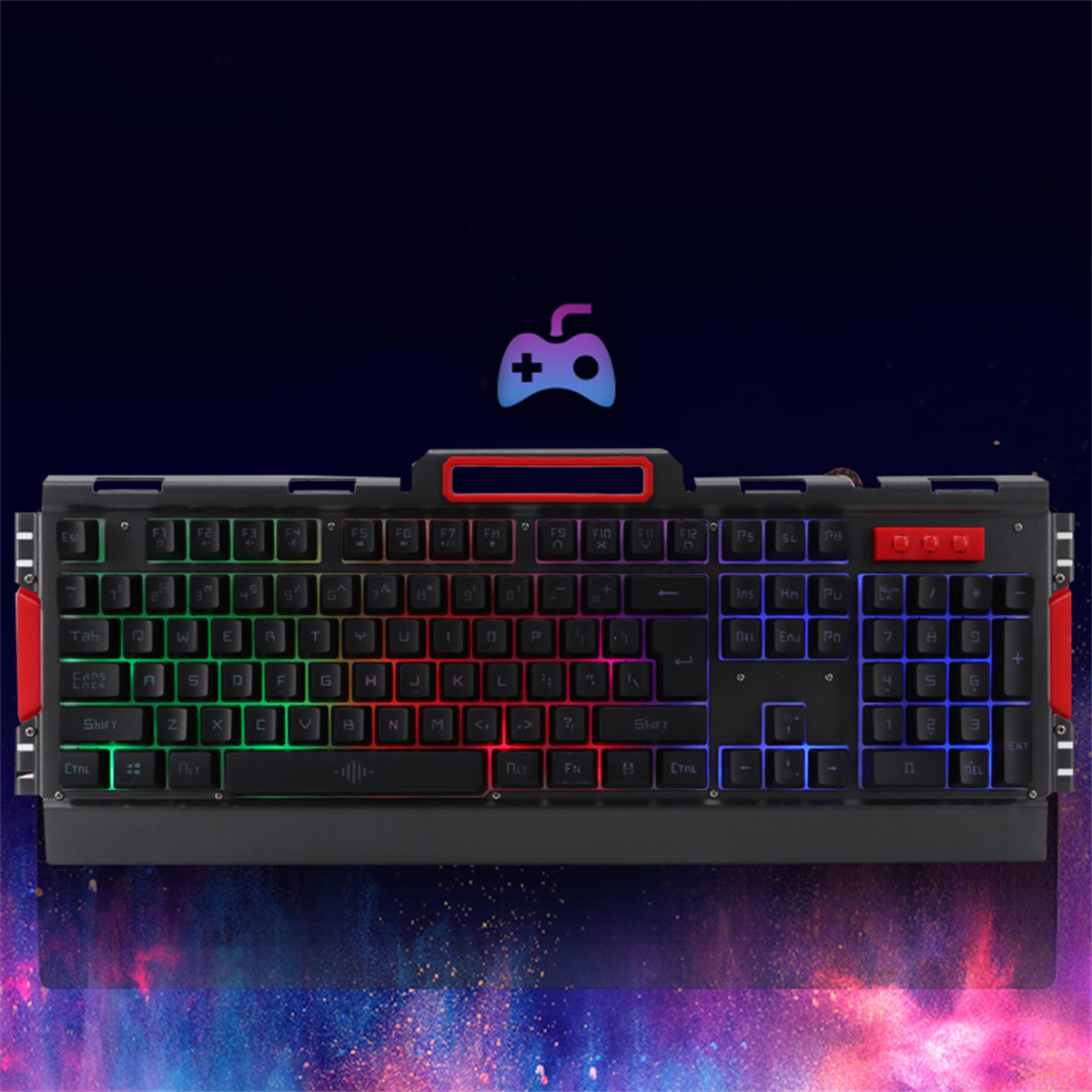 Gaming-Tastatur mit mehrfarbigen Tasten und einem Gamecontroller-Symbol.