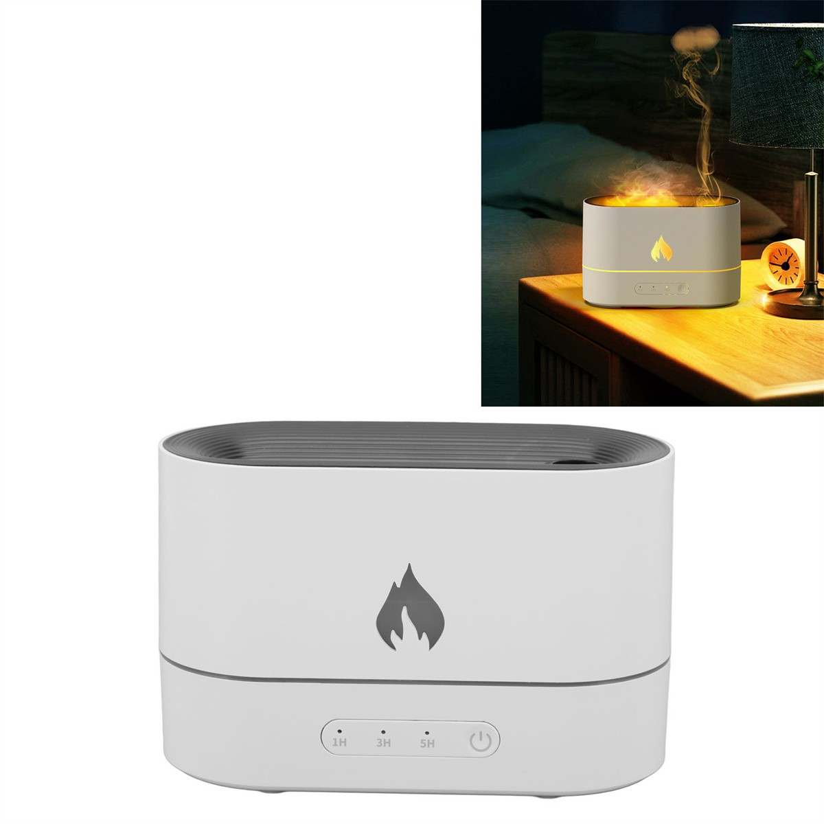 Weißer Diffusor mit Flammensymbol und eine Nachtszene mit Lampe.