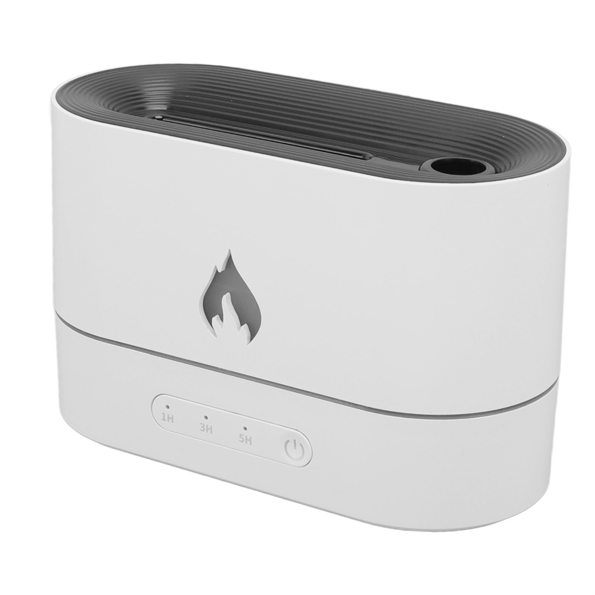 Ein weißer und grauer Aromadiffusor mit flammenförmigem Design und Bedienknöpfen.