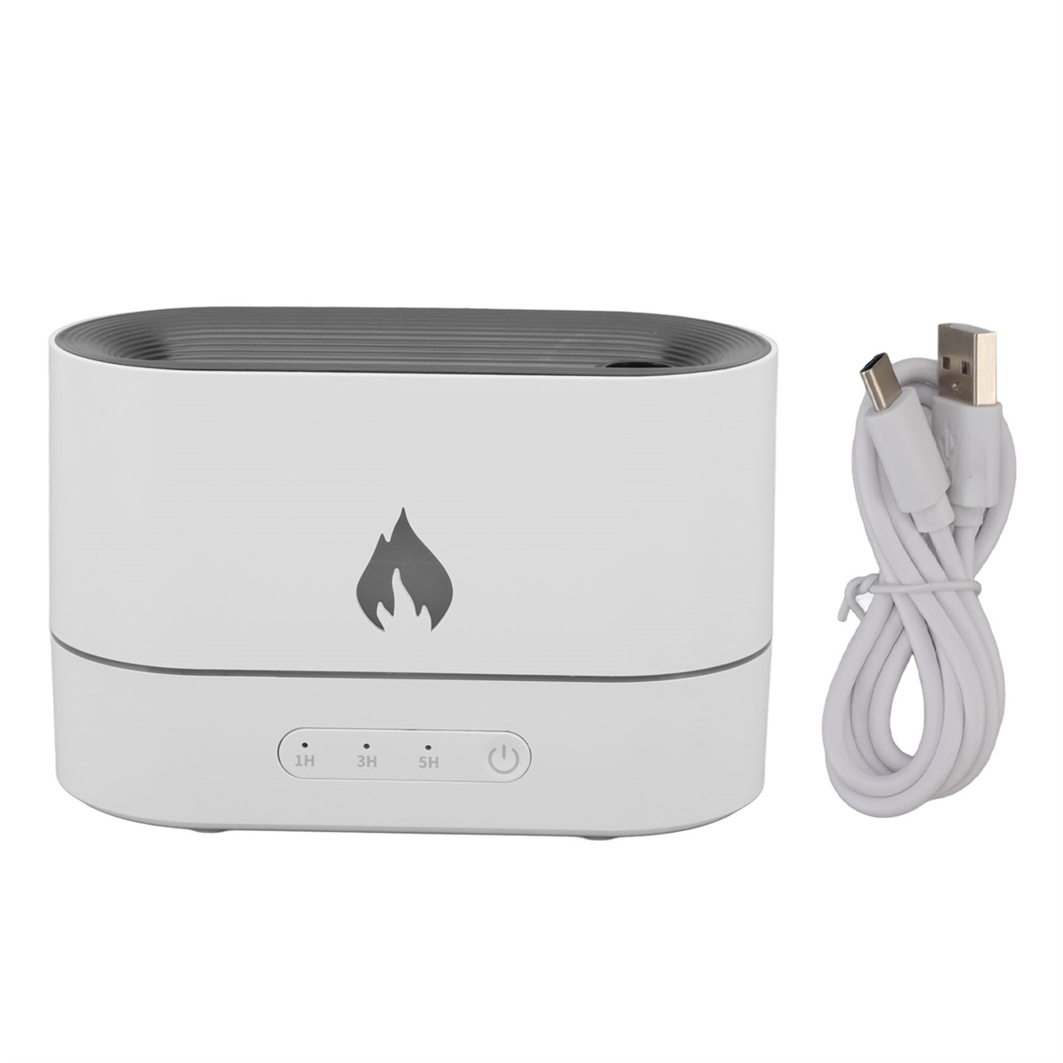Weiß-grauer Diffusor mit Flammenlogo und weißem USB-Kabel.