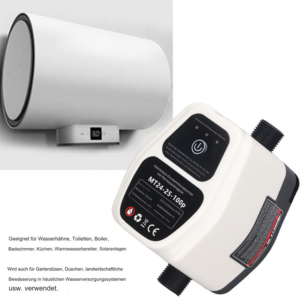 Weiße Pumpe und Warmwasserbereiter, Details auf dem Gerät, Text auf Deutsch.