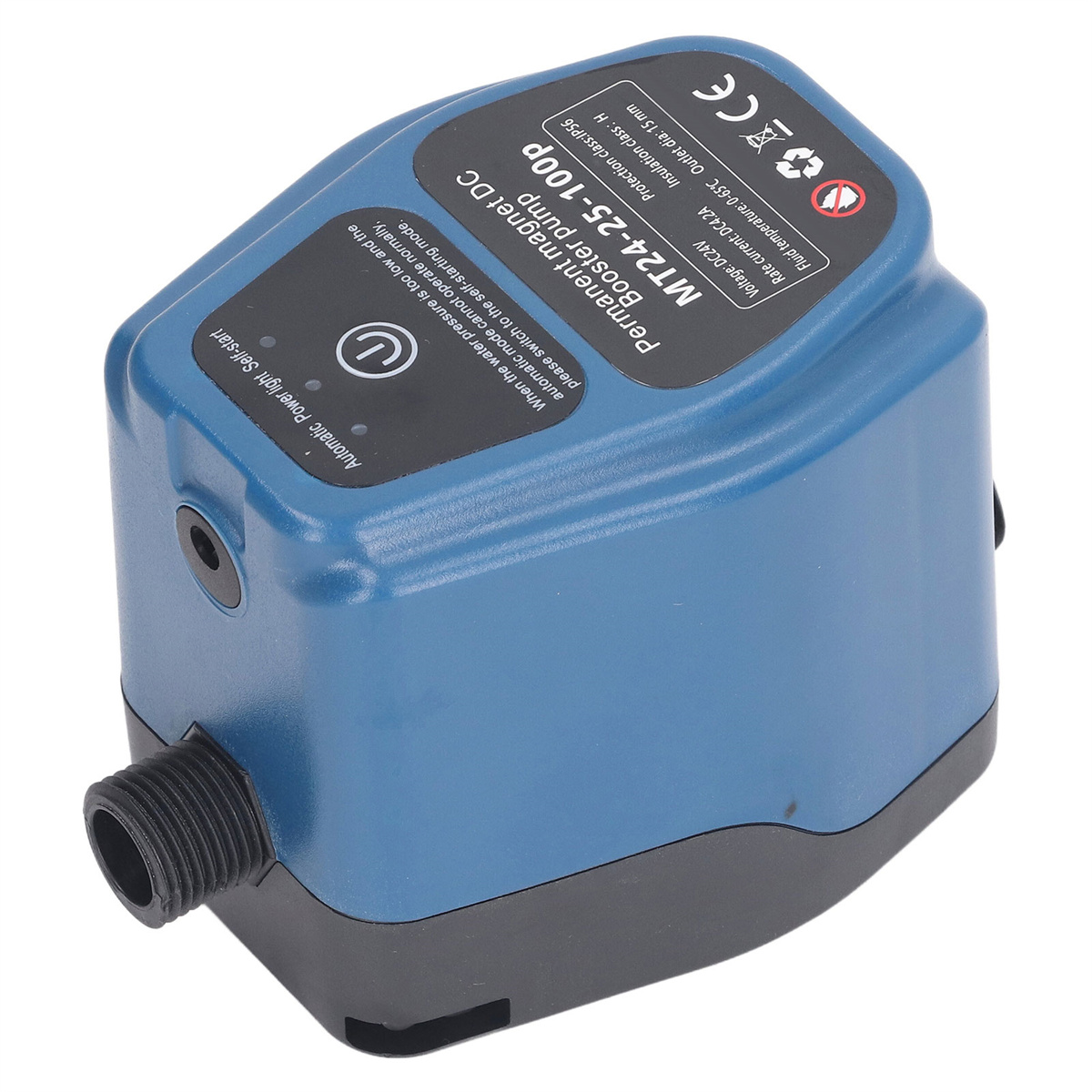 Blaue und schwarze Pumpe, mit Text und Gewindeauslass.