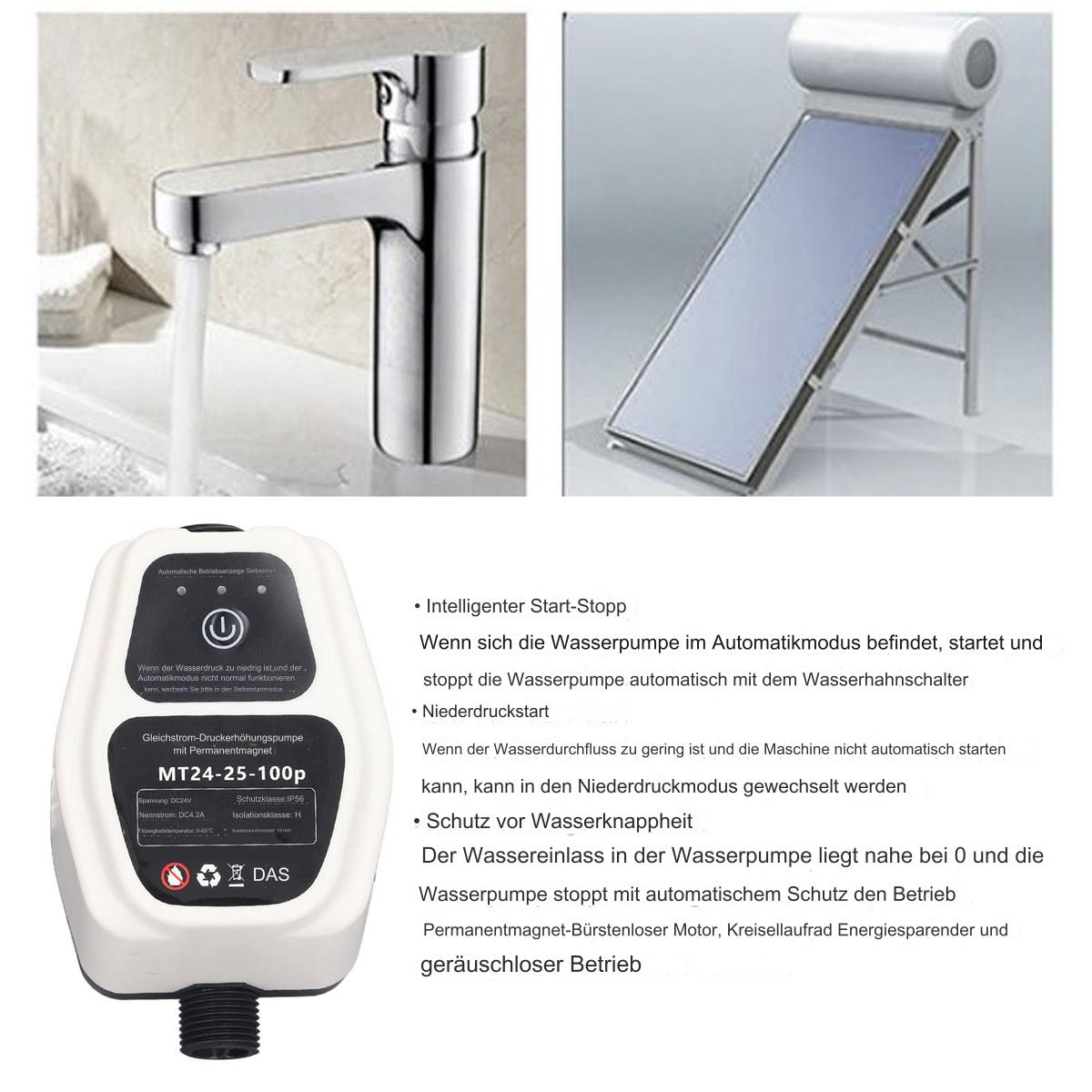 Bilder von Wasserhahn, Solarwarmwasserbereiter und Wasserpumpensteuerung mit Text.