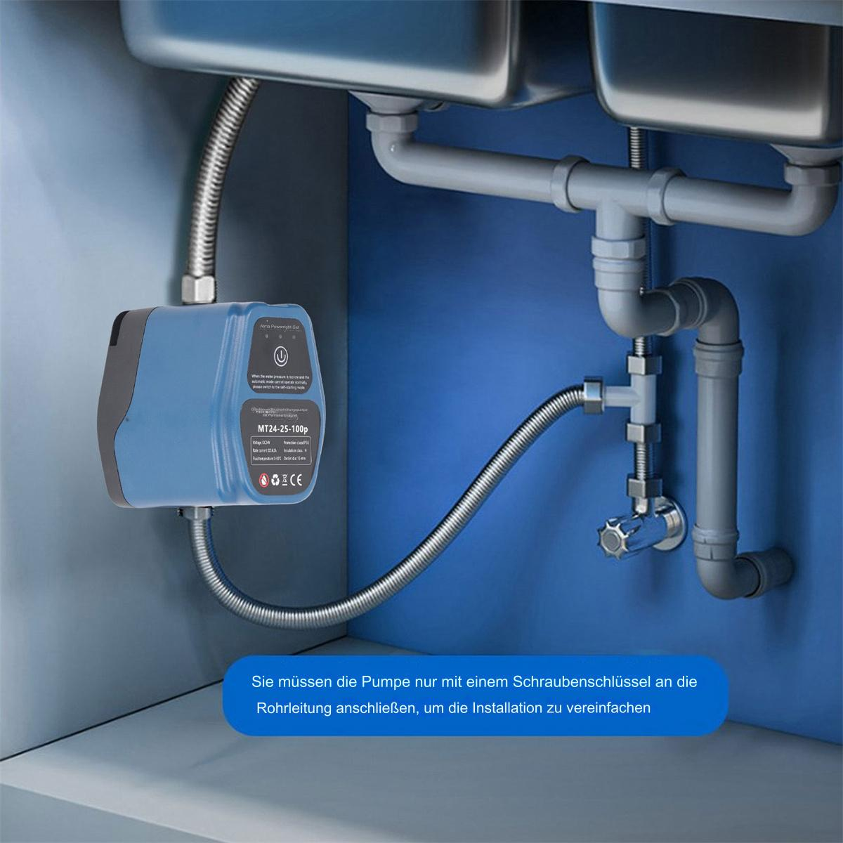 Blaue Wasserpumpe mit Rohren installiert und Textblase.