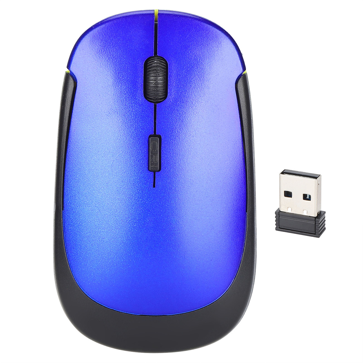 Eine blau-schwarze kabellose Maus mit USB-Empfänger. Es ist auf weißem Untergrund.