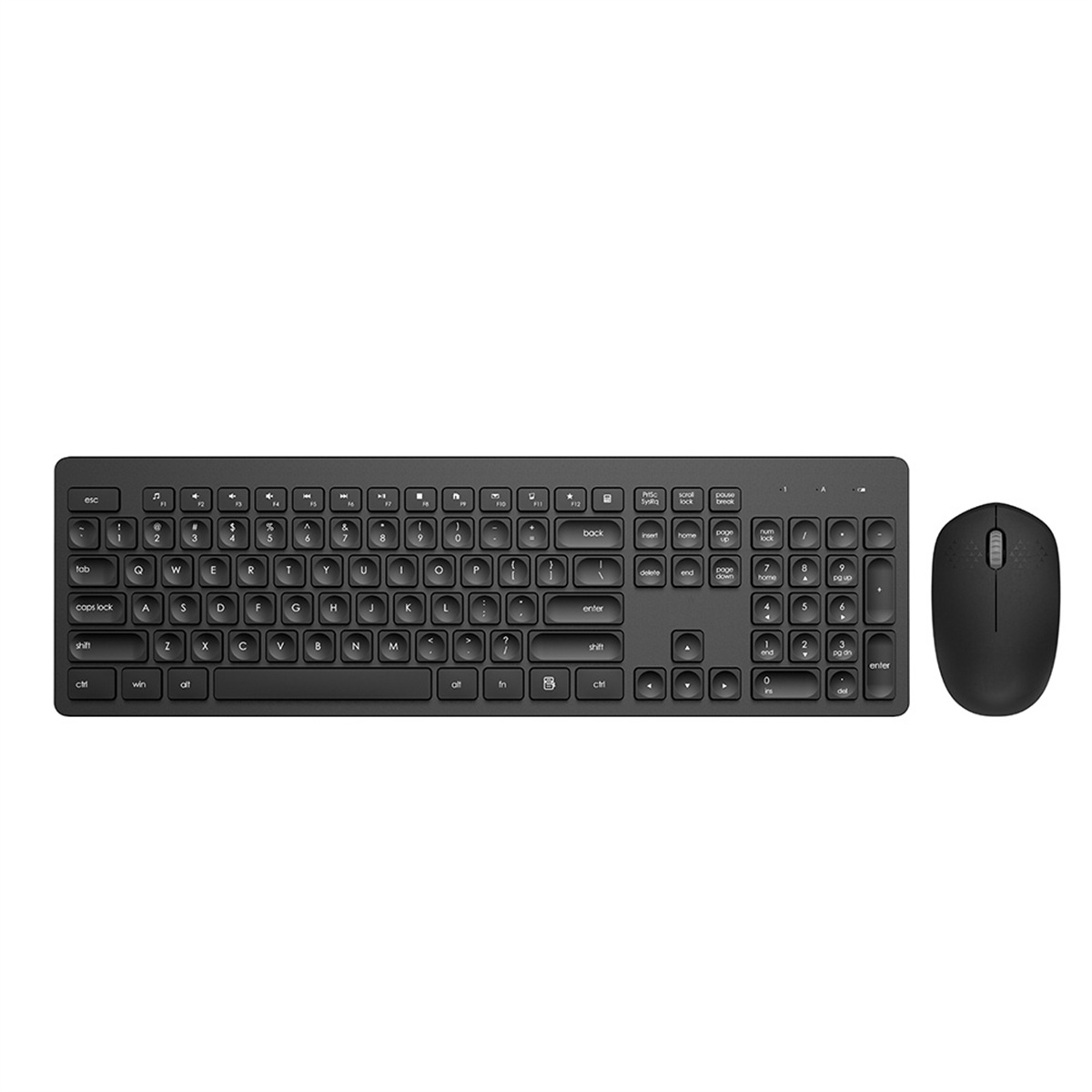 Schwarze Tastatur und Maus auf weißem Hintergrund, Draufsicht.