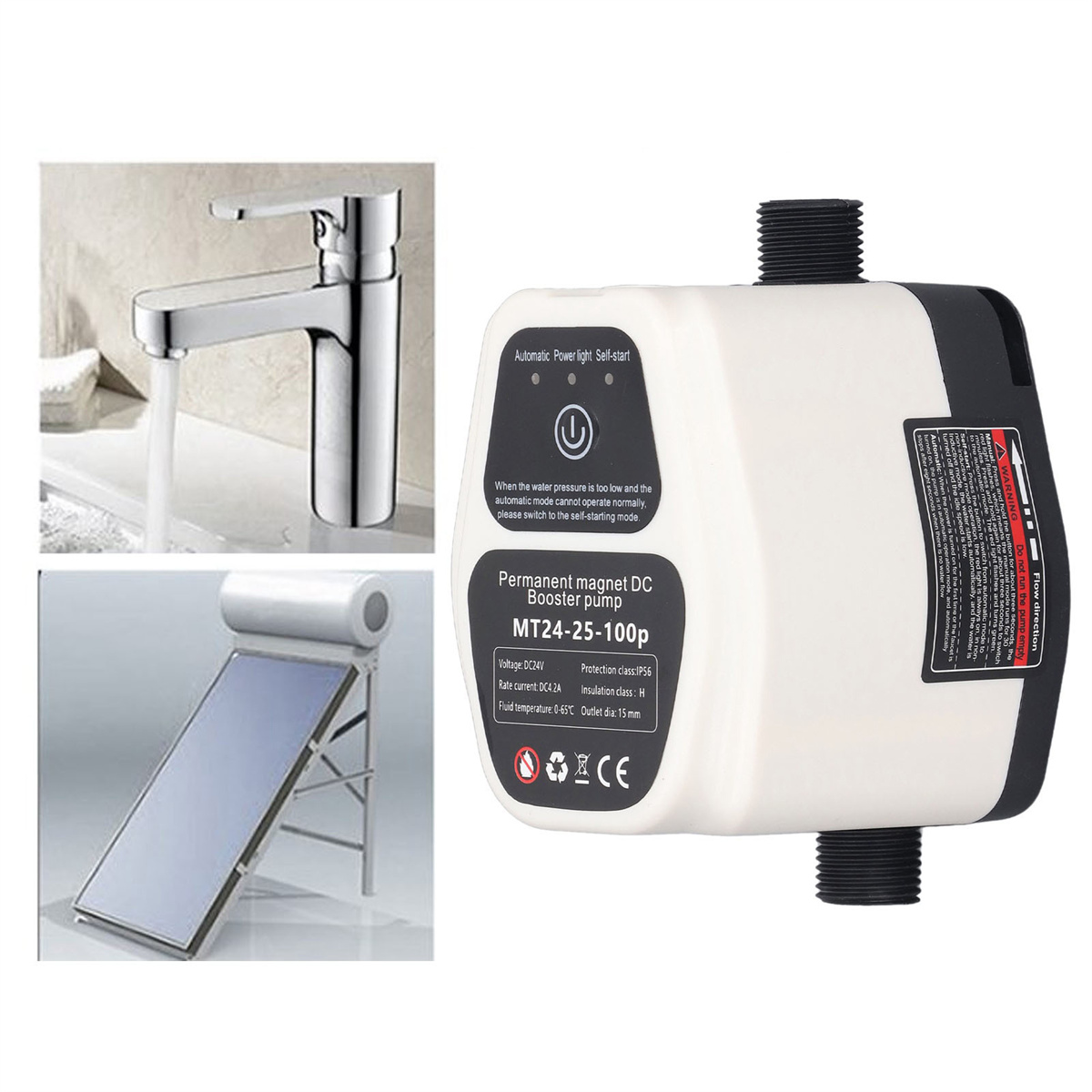 Mehrere Bilder von Solarpanel, Wasserhahn und Boosterpumpe vor weißem Hintergrund.
