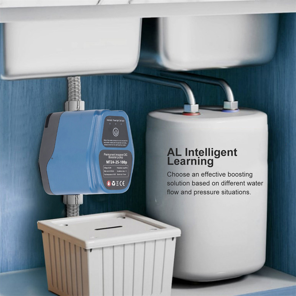 Ein Warmwasserbereiter-Pumpensystem unter einem Waschbecken installiert.