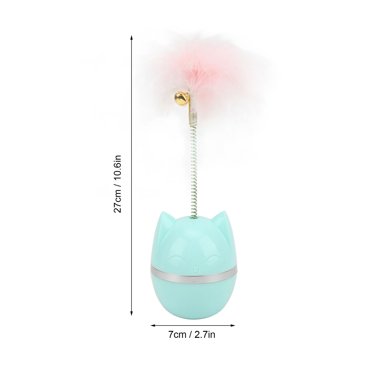 Katzenspielzeug: blaue Basis, Feder, rosa Feder und kleine Glocke. 27 cm hoch. Weißer Hintergrund.