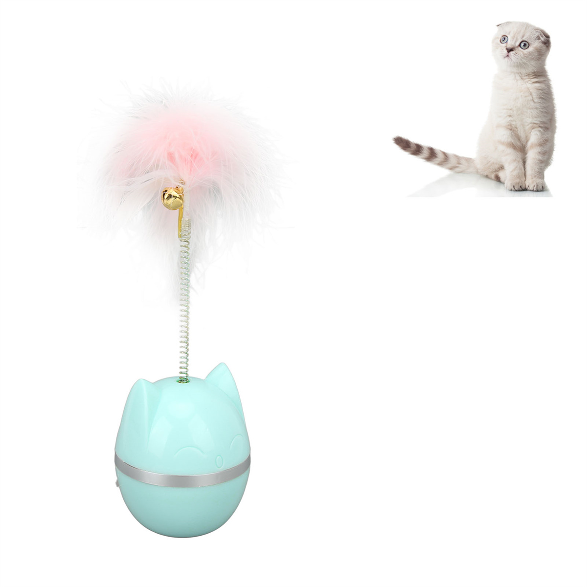 Katzenspielzeug mit blauem Sockel und rosa Federaufsatz, Katze rechts.