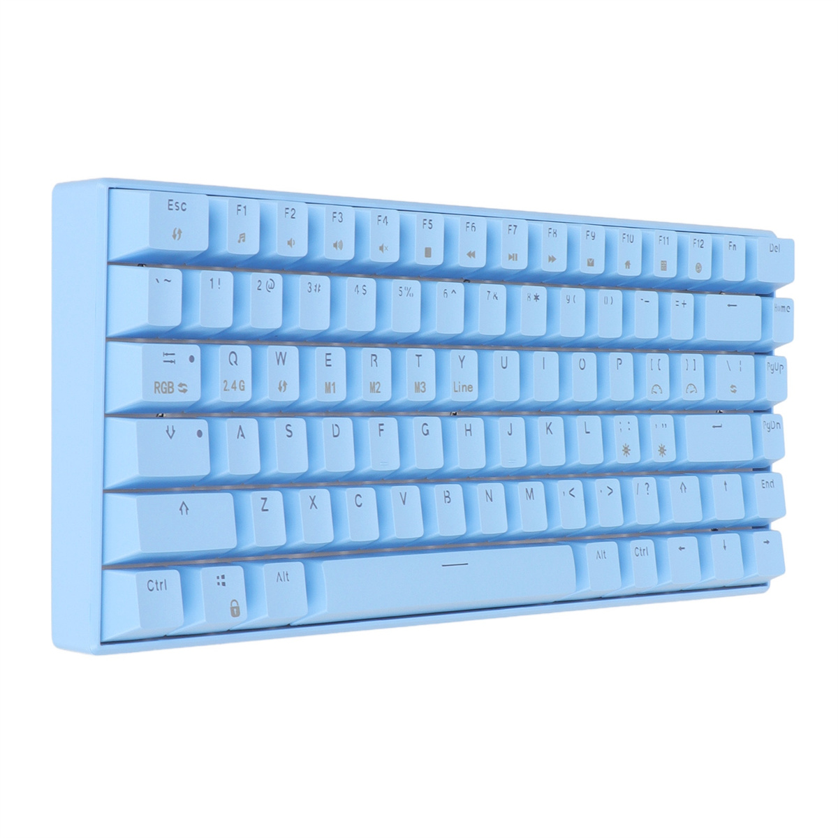 Hellblaue mechanische Tastatur. Weißer Hintergrund, Tasten ebenfalls hellblau.