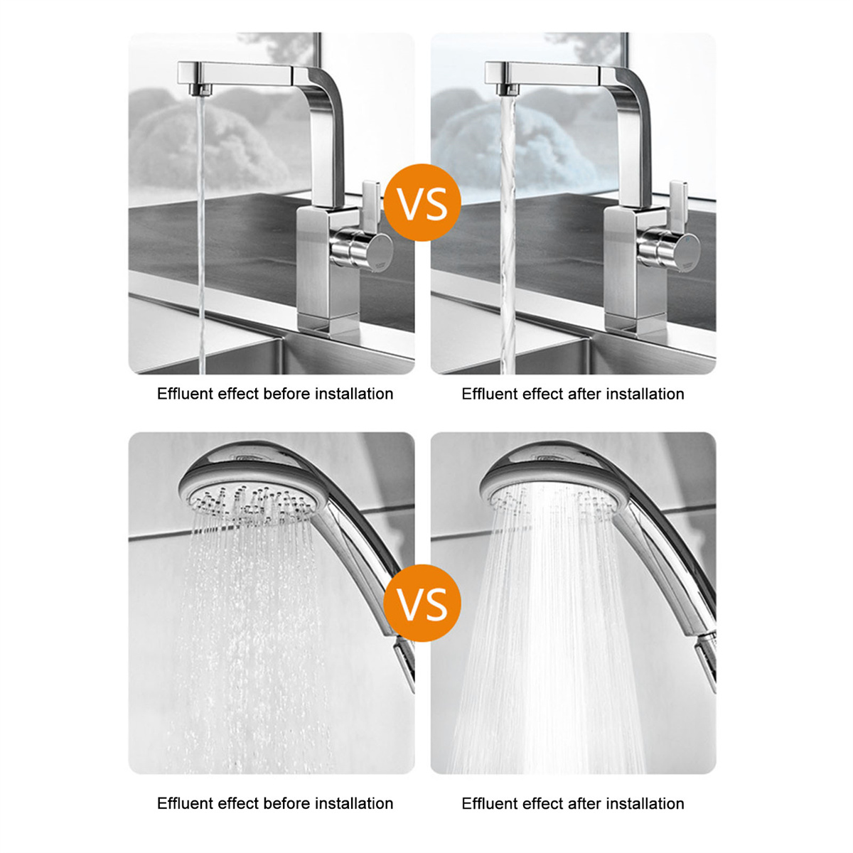Vier Bilder, die den Wasserfluss aus Wasserhähnen und Duschköpfen vor und nach der Installation vergleichen.