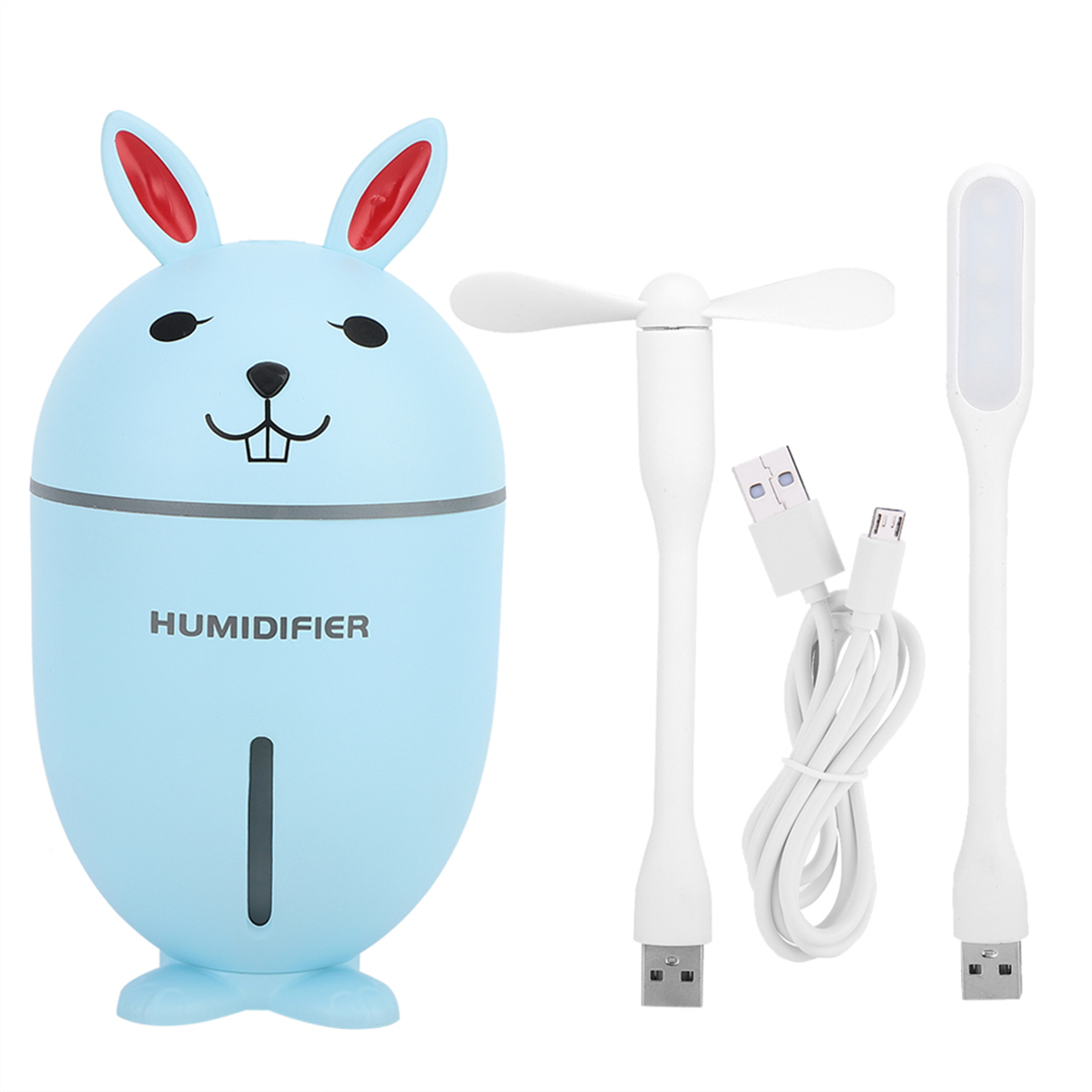 Ein blauer, hasenförmiger Luftbefeuchter mit einem Ventilator und einem kleinen LED-Licht.