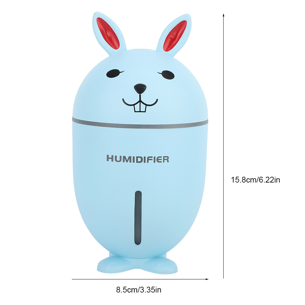 Blaues, hasenförmiges Luftbefeuchter mit dem Text "HUMIDIFIER". Weißer Hintergrund.