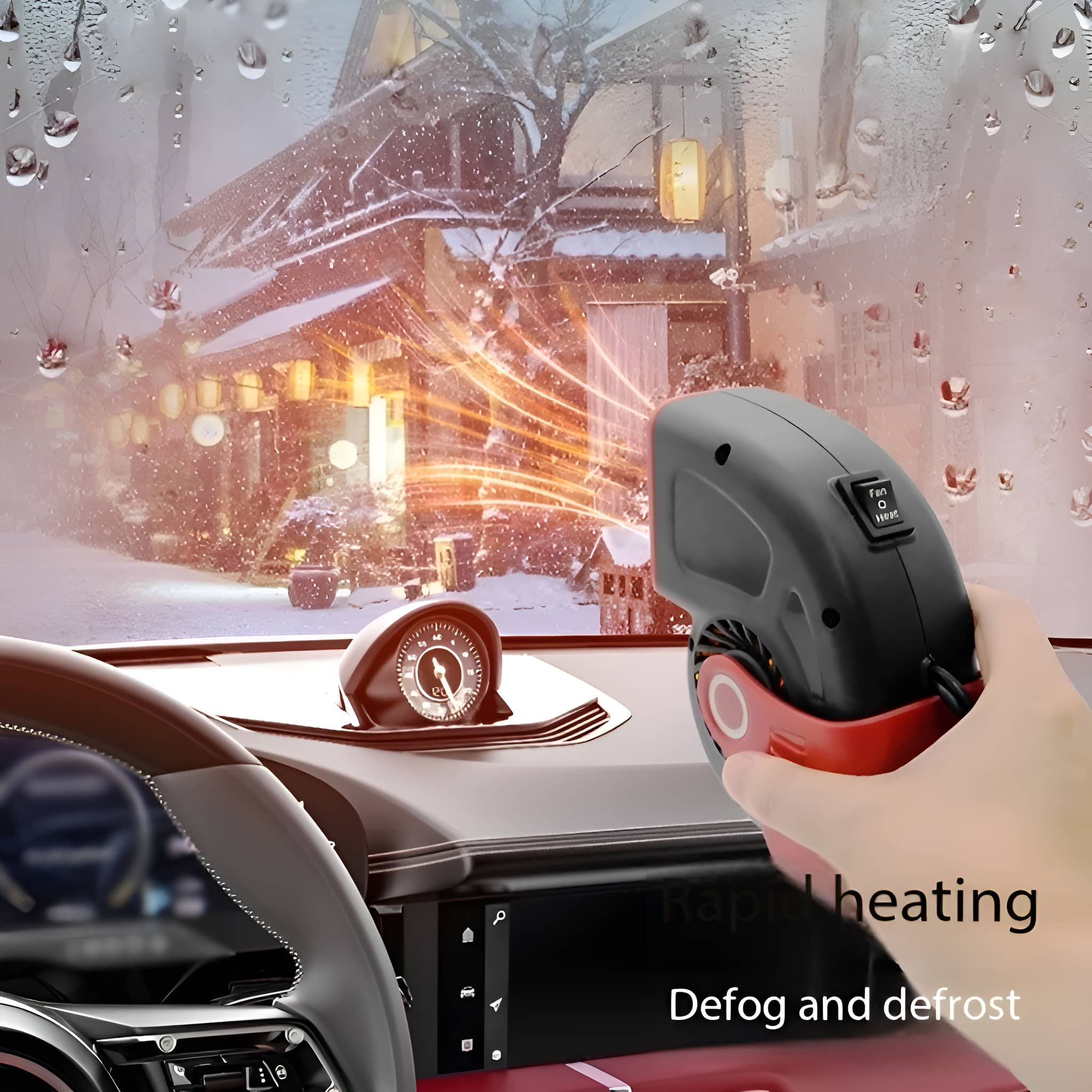 Defroster-Lüfter in einem Auto, mit einem Kompass auf dem Armaturenbrett und einem verschneiten Hintergrund.