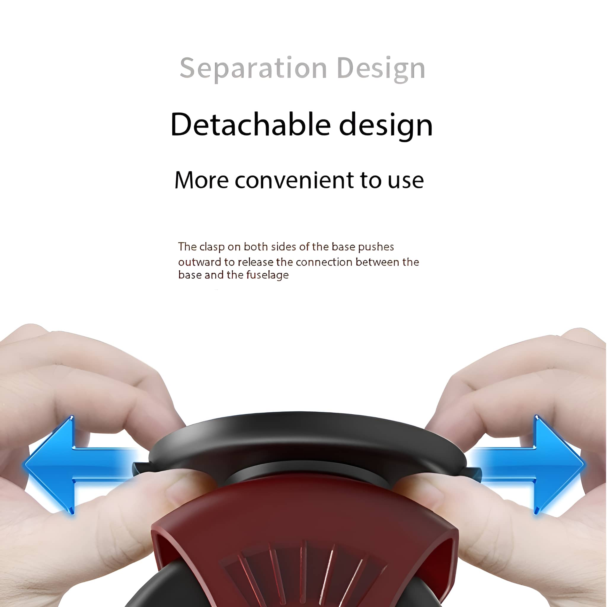Hände trennen ein schwarzes und rotes Objekt, mit blauen Pfeilen und Text über abnehmbares Design.