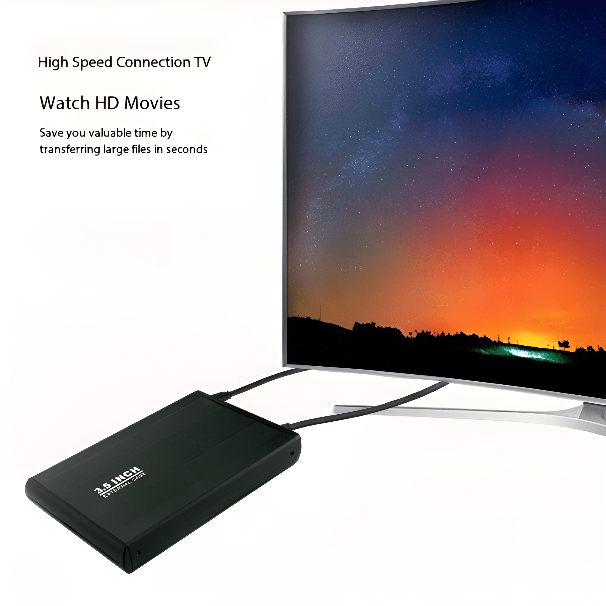 Externe Festplatte an TV angeschlossen. Schwarzes Laufwerk, schwarzes Kabel. TV-Himmel.