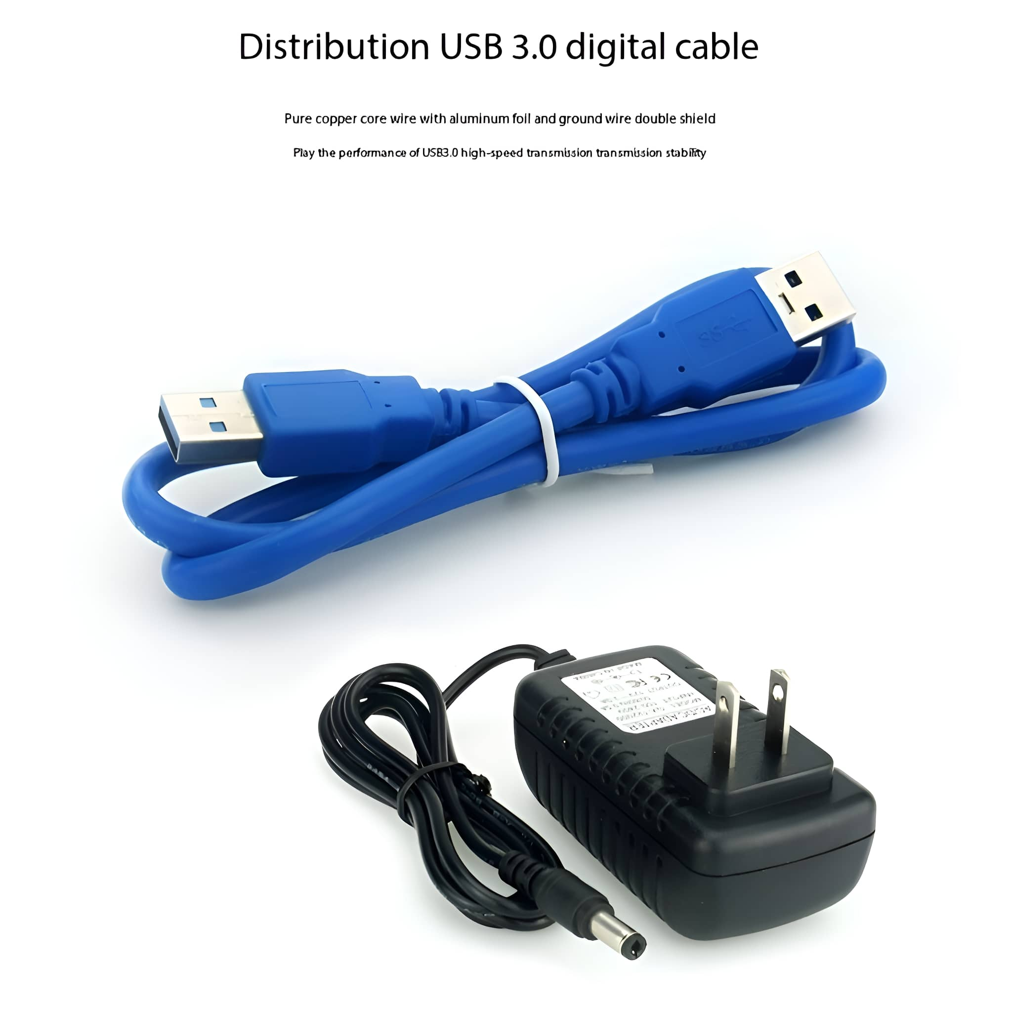 Blaues USB-Kabel mit Adapter auf weißer Oberfläche.