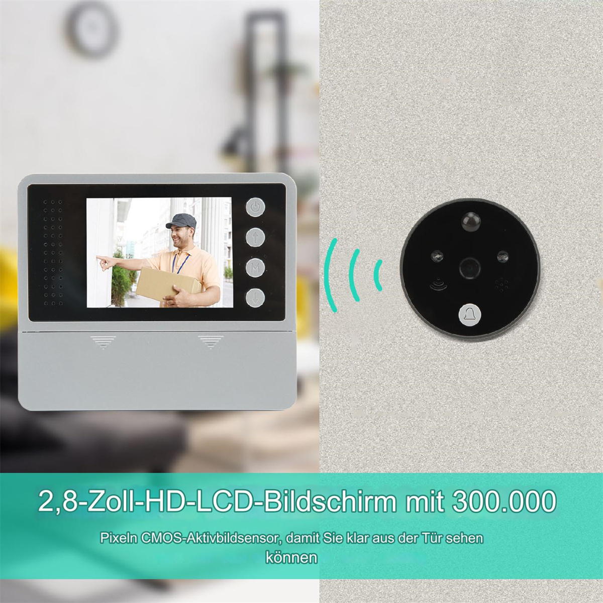 Türklingelsystem: Monitor mit Lieferanten, Türklingel mit Kamera und Text auf Deutsch.