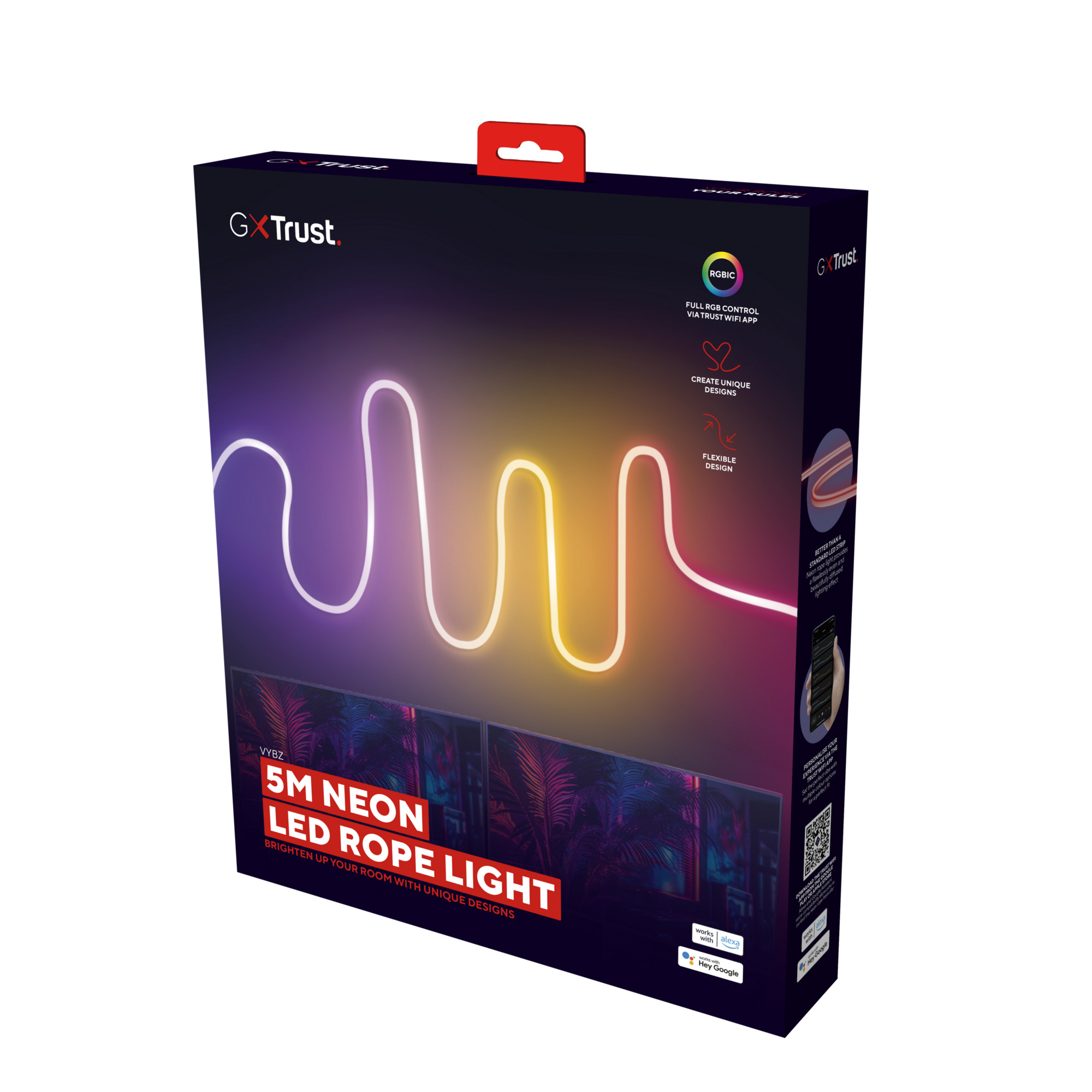 Een doos voor een neon touwlamp. Het toont een golvend lichtontwerp en de woorden 'Neon LED Rope Light'.