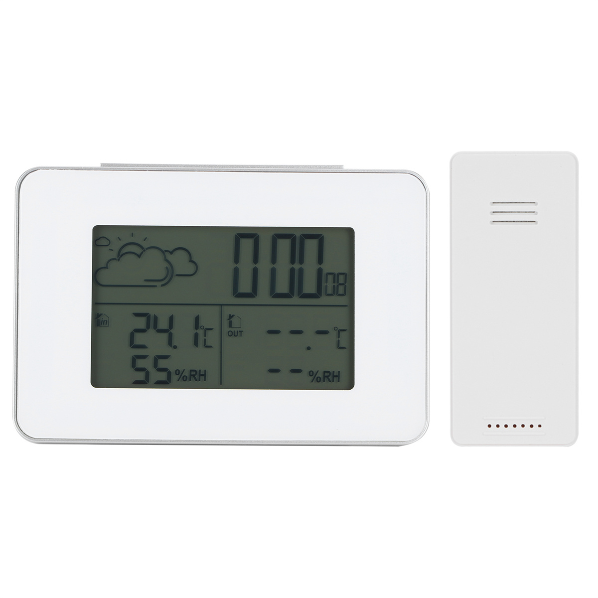 Ein weißes digitales Thermometer mit Anzeige von Wetterdaten.