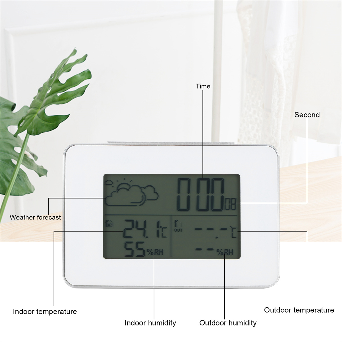 Digitalanzeige mit Innen-/Außentemperatur, Luftfeuchtigkeit und Uhrzeit. Beschriftet mit Text.