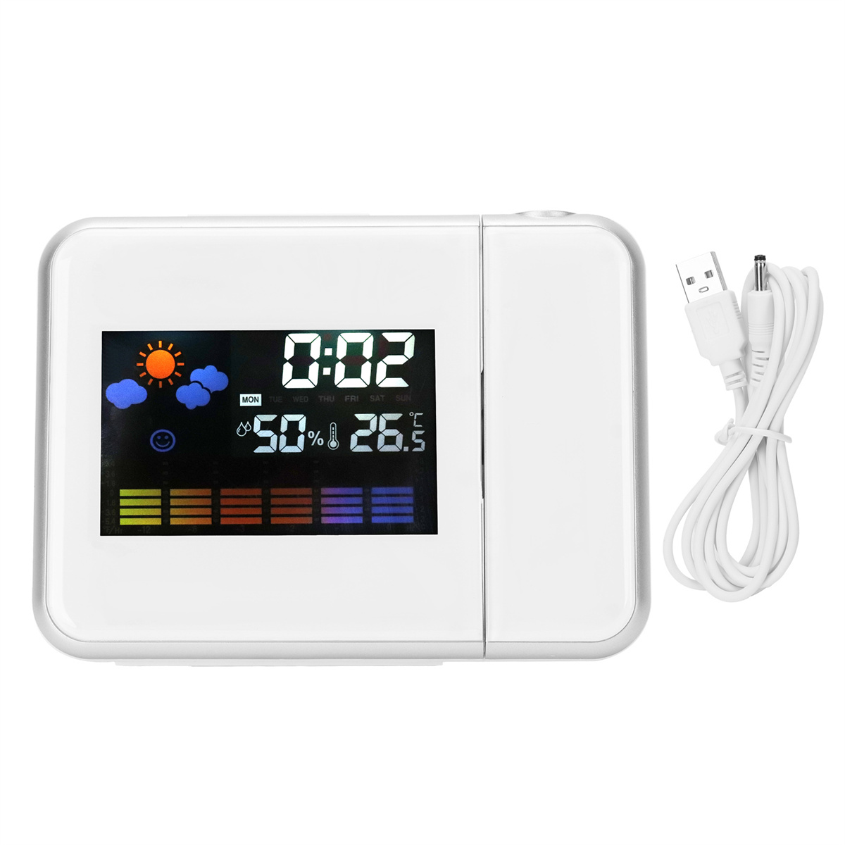 Eine weiße Digitaluhr mit Wetteranzeige wird gezeigt. Rechts befindet sich ein weißes USB-Kabel.