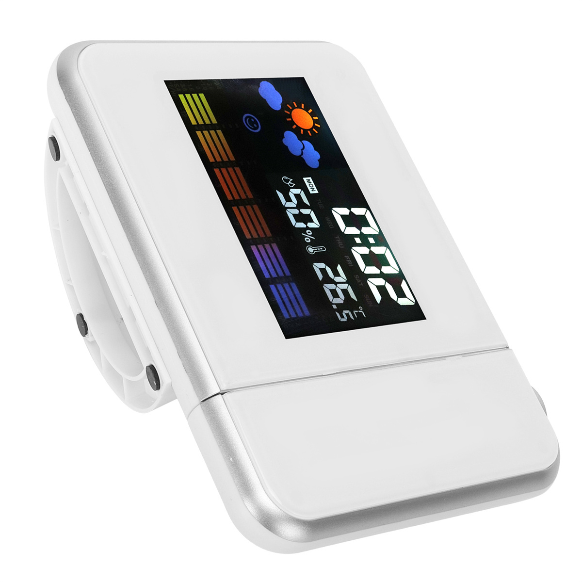 Weiße Smartwatch mit digitaler Anzeige, die Zeit, Datum, Wetter und andere Daten zeigt.