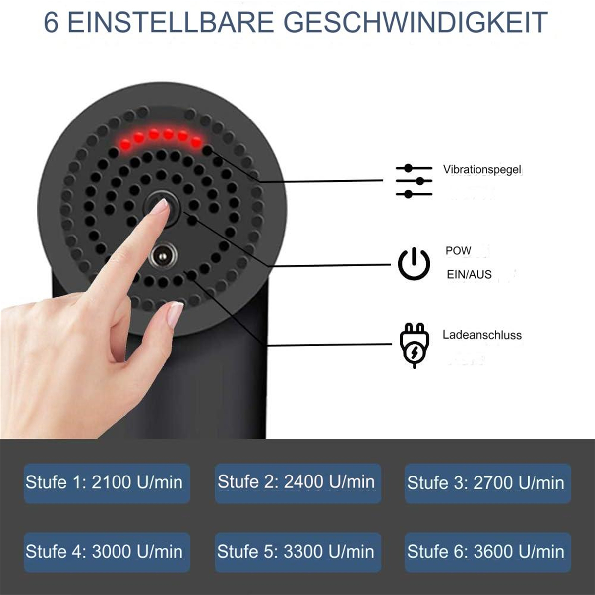 Hand drückt einen Knopf auf einem schwarzen Gerät mit Geschwindigkeitseinstellungen.