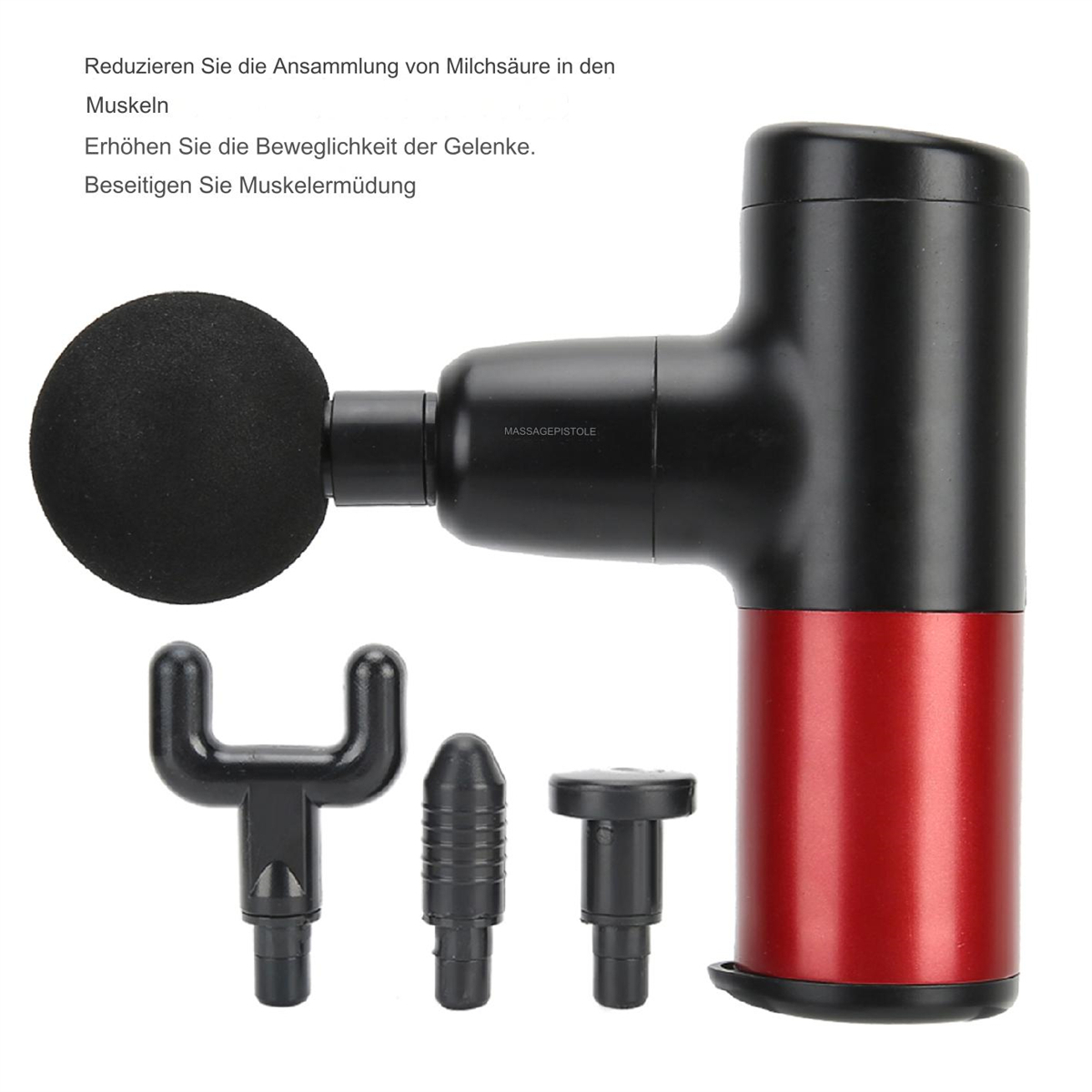 Massagepistole mit Aufsätzen, rot und schwarz, zur Muskelregeneration.
