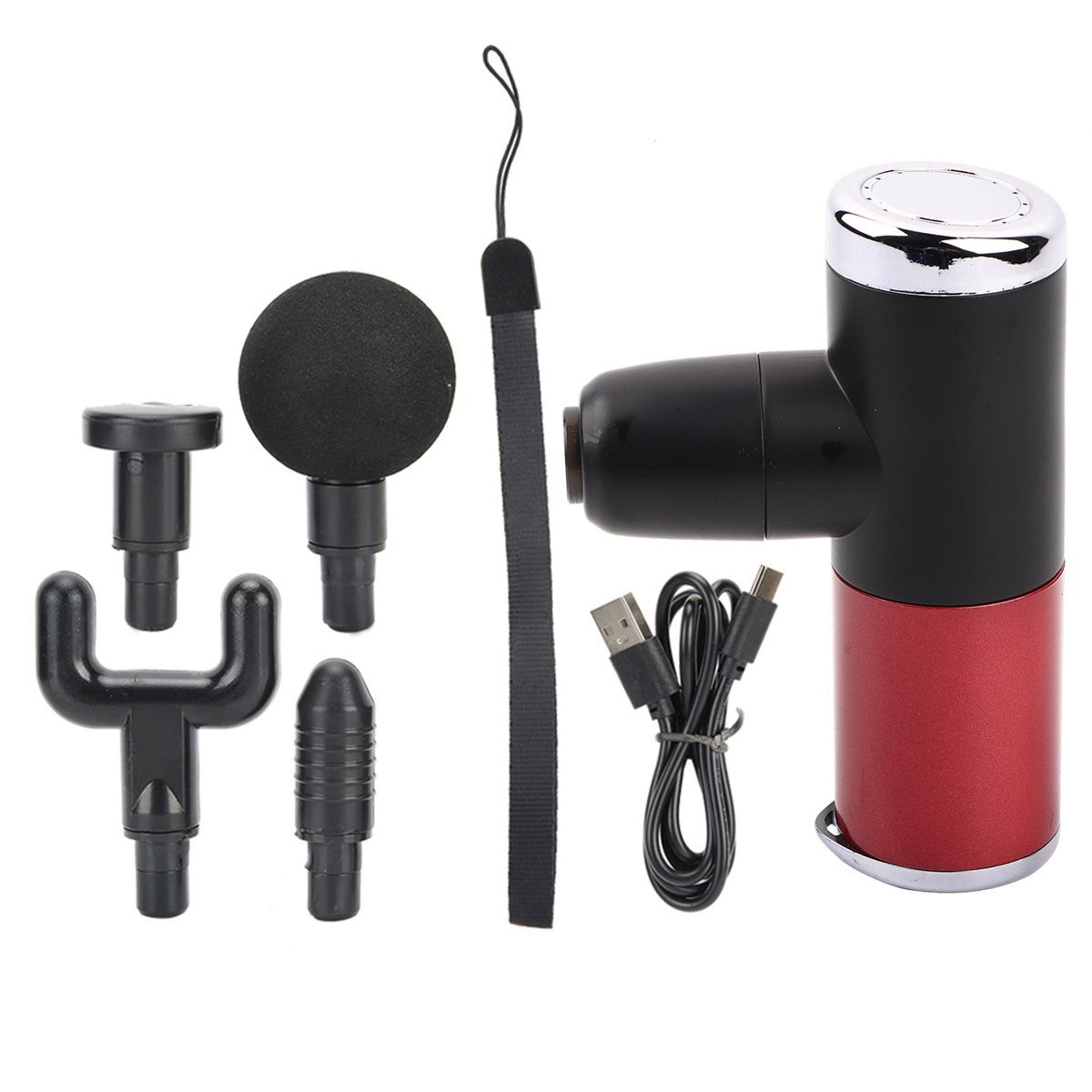 Set von Massagepistolenaufsätzen und einer Massagepistole. Schwarze und rote Farben.